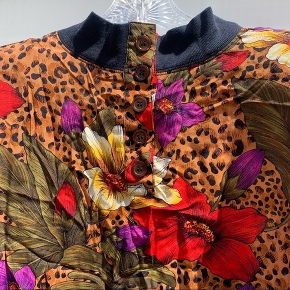 Vintage animal print tropical farm Rio floral long sleeve button back blouse 10 - Picture 3 of 7